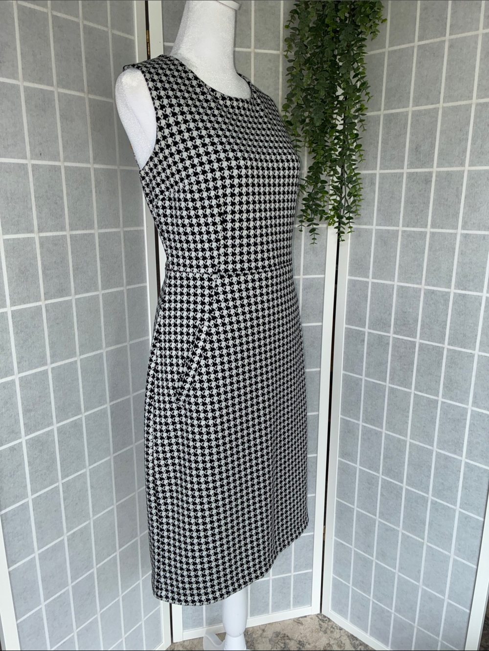 Lands' End Black and White Houndstooth Midi Sheath Dress, Practically New, 10